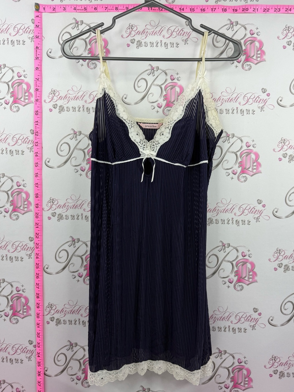 La Vie En Rose Navy Chemise with Cream Lace Trim